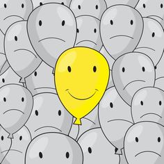 a bunch of balloons with faces drawn on them and one balloon in the middle, surrounded by smaller ones