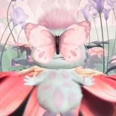 a cartoon character with pink hair and butterfly wings standing in front of flowery background