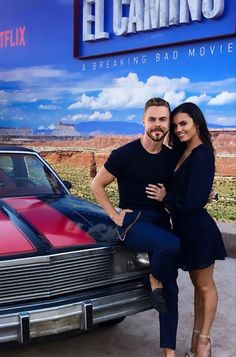 a man and woman posing in front of a car with the words el caminos on it