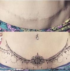 a woman's stomach with tattoos on it and an image of the bottom part of her stomach