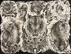 an ink drawing of tigers and roses