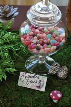 a glass bowl filled with candy sitting on top of a moss covered ground next to plants