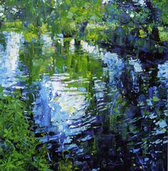 an oil painting of trees and water