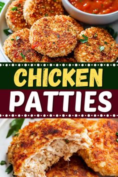 chicken patties on a plate with dipping sauce and parsley in the background text reads chicken patties