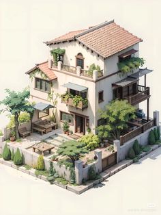 an artistic rendering of a house with trees and shrubs