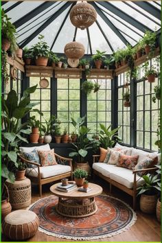 a living room filled with lots of plants and furniture