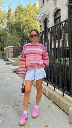 #falloutfits #winteroutfits #adidasgazelles #colorfulsweater Flats And Shorts Outfit, Outfits With Colorful Shoes, Vibrant Winter Outfits, Happy Outfits Aesthetic, How To Style Gazelle Adidas, Colourful Copenhagen Style, Girly Comfy Outfits, Colorful Copenhagen Style, Styling Gazelles