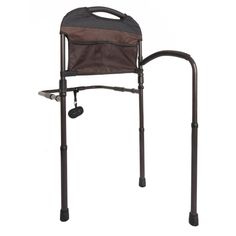 a folding chair that has wheels and handles on the back, with an arm rest attached to