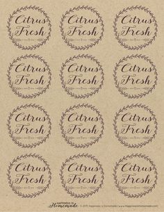 six circular labels with the words citrus fresh