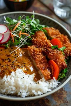 a plate filled with rice and meat covered in gravy, garnished with radishes