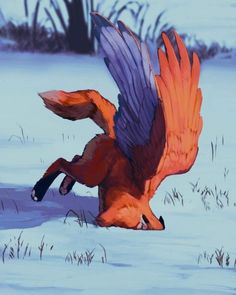 a painting of an orange bird in the snow with its wings spread out and it's head down