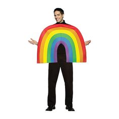 a man wearing a rainbow costume standing in front of a white background with his hands out