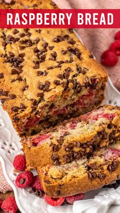 raspberry bread on a white plate with fresh raspberries and chocolate chips