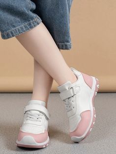 1pair Pink & White Contrast Color Children Casual Sports Sneakers White         Kids Shoes, size features are:Bust: ,Length: ,Sleeve Length: White Non-slip Athleisure Sneakers, Bow Shorts, Casual Running Shoes, Boys Sneakers, Sport Sneakers, Elegant Dresses Long, Athletic Sneakers, Kids Sneakers, Running Sneakers