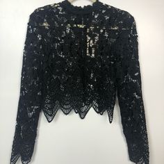 Nwt Essue By Love & Love Size Small Black Sheer Crochet Lace Shirt. Very Unique! Longer Sleeves With Exposed Back Zip Up Closure! 18” Pit To Pit 19” Shoulder To Hem Chic Black Top With Scalloped Lace, Elegant Black Crochet Lace Tops, Cropped Lace Trim Top For Party, Chic Evening Tops With Scalloped Lace, Elegant Black Tops With Scalloped Lace, Elegant Black Top With Scalloped Lace, Chic Scalloped Lace Tops For Evening, Elegant Scalloped Lace Cropped Top, Elegant Black Scalloped Lace Top