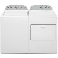 a white washer and dryer sitting side by side on a white background,