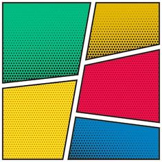 four different colored squares with halftone dots in the middle and one halftone dot at the top