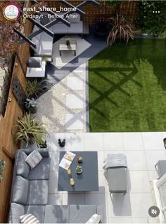 an aerial view of a backyard with grass