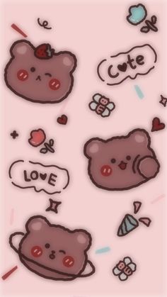 some stickers that are on the side of a pink background with hearts and teddy bears