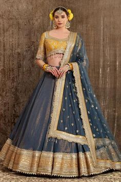 Shop for Shikhar Sharma Blue Shimmer Chanderi Lehenga Set for Women Online at Aza Fashions Angrakha Style Dresses, Chanderi Lehenga, Tassels Blouse, Bead Tassels, Purple Lehenga, Heavy Lehenga, Indian Bridesmaid Dresses, Wedding Lehenga Designs, Bridal Party Outfit