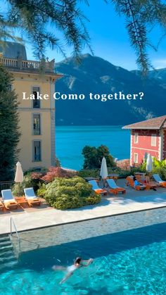 a person swimming in a pool next to a house with the words lake como together?