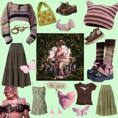 a collage of clothing and accessories including shoes