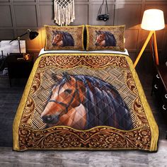 a bed with a brown horse on it