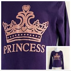 Nwt Girl’s Long Sleeve Graphic Tee Princess A Cute And Sassy Way To Let Everyone Know! Made Of 100% Cotton Jersey Rib-Knit Crew Neck Glitter 'Princess' With Crown Graphic Design At Front Tagless Label Please No Lowball Offers Smoke|Pet Free Home Check Out My Closet & More Kid’s Clothes Bundle Items & Save On Shipping Thanks So Much For Looking! Cute Long Sleeve Purple T-shirt, Crown Graphic Design, Crown Graphic, Long Sleeve Graphic Tee, Sequin Tee, Childrens Place, Girl Top, Kids Shirts, Pink Purple