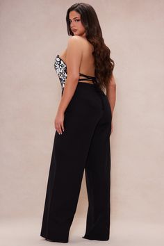 Available In Black. Embellished Jumpsuit Strapless Sweetheart Neckline Bra Cups Corset Waist Lace Up Back Hidden Back Zipper Wide Pant Stretch Self: 100% Polyester Lining: 100% Polyester Imported | Trisha Embellished Jumpsuit in Black size Large by Fashion Nova Glamorous Halter Neck Jumpsuits And Rompers, Glamorous Halter Neck Jumpsuit, Black Strapless Halter Neck Jumpsuit For Night Out, Glamorous Strapless Sleeveless Black Jumpsuit, Black Glamorous Strapless Jumpsuit, Glamorous Black Strapless Jumpsuit, Embellished Jumpsuit, Ivy Style, Corset Waist