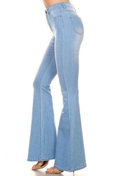 Light wash high waist stretch bell bottom jeans Brand: JC & JQ Style: GP3316 Fabric: 66% cotton, 30% polyester, 2% rayon, 2% spandex Made in CHINA Very Stretchy Medium Wash Flares For Spring, Spring Medium Wash Flare Jeans, Fitted Wide Leg Denim Blue Flares, Non-stretch Denim Flares For Fall, Casual Non-stretch Flare Jeans, Spring Trendy Flare Jeans With Flared Hem, Spring High Rise Non-stretch Flares, Fall Light Wash Full Length Flare Jeans, Trendy Spring Flare Jeans With Flared Hem