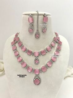 2 layered American Diamond Necklace Set / CZ Necklace/Indian Jewelry/ Reception Jewelry/ Bollywood Jewelry/double necklace/Silver pink  All items are shipped from Brampton, Ontario, Canada. If you need your item by a certain day, please reach out to us for express delivery option before placing the order so that we can update the shipping for you. Standard shipping/delivery timeline Below are the estimated delivery times after the order is shipped/dispatched.  ---> USA delivery timeline * 3-5  b Pink Sterling Silver Jewelry For Party, Pink Jeweled Jewelry For Formal Occasions, Formal Pink Jeweled Jewelry, Pink Double Strand Necklace For Gift, Pink Sterling Silver Necklace For Formal Occasions, Pink Jeweled Bridal Necklace As Gift, Pink Bridal Necklace With Jewels As Gift, Double Necklace Silver, American Diamond Necklace Set