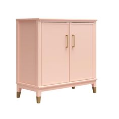 a pink cabinet with two doors and wooden legs