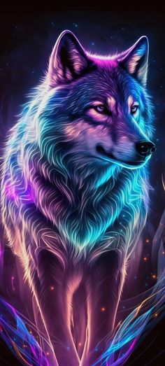 a wolf with blue and purple lights on it's face