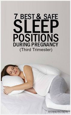 a woman laying on top of a bed under a pillow with the words best and safe sleep positions during pregnancy third trimester