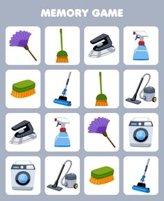 Education game for children memory to find similar pictures of cute cartoon duster broom iron sprayer brush mop vacuum cleaner printable tool worksheet Bullet Journal Work, Cleaning Printable, Living Skills, Game For Children, Autumn Crafts, Memory Games, Cleaning Materials, Cleaning Service, Games For Kids