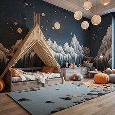 a child's bedroom with mountains and stars painted on the wall, including a teepee tent