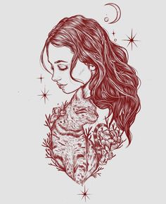 a drawing of a girl holding a cat in her arms with stars around her neck