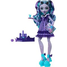 a doll with blue hair and purple dress holding a purse next to a cityscape