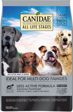 an adult dog food bag with three dogs on it and the words canidae all life stages