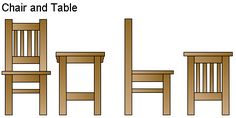 three chairs and table are shown with the same chair in different positions on each side