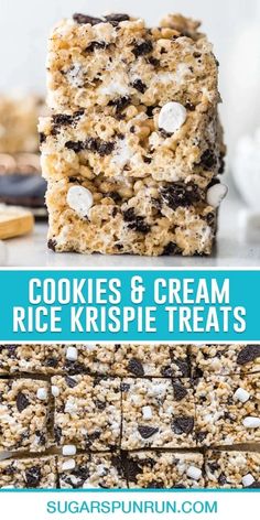 cookies and cream rice krispie treats stacked on top of each other