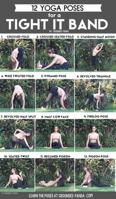 a man doing yoga poses in front of some trees and bushes with the instructions for how to