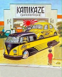 an old yellow car parked in front of a garage with the words kamikaze garage written on it