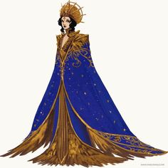 a drawing of a woman in a blue and gold dress