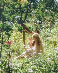 a woman sitting on the ground playing a harp in a field full of wildflowers