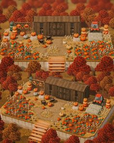 an aerial view of a farm with pumpkins and hay