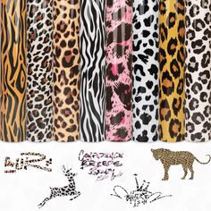 six different animal print designs on white paper with black and pink ink, including an image of a cheetah