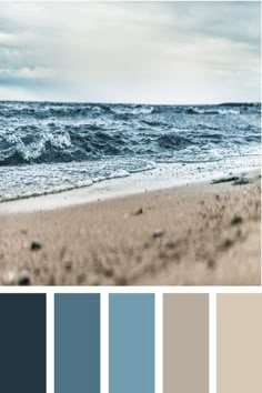 the beach is full of waves, sand and blue hues in this color palette