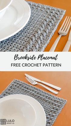 the crochet placemat is made with two different types of yarn, and has silverware on it