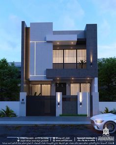 this is an image of a modern style house in the evening time with lights on